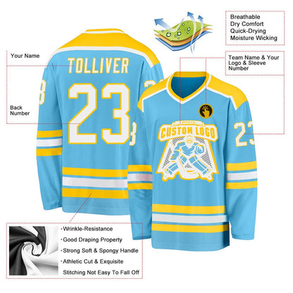 Usa Hockey Jersey, Custom Sky Blue White Gold Hockey Jersey, Team Hockey Jerseys