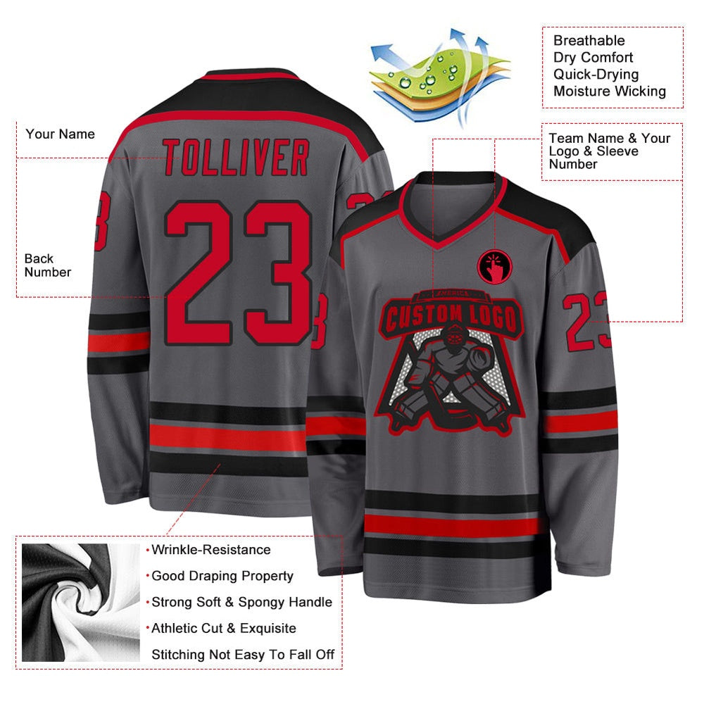 Usa Hockey Jersey, Custom Steel Gray Red Black Hockey Jersey, Team Hockey Jerseys