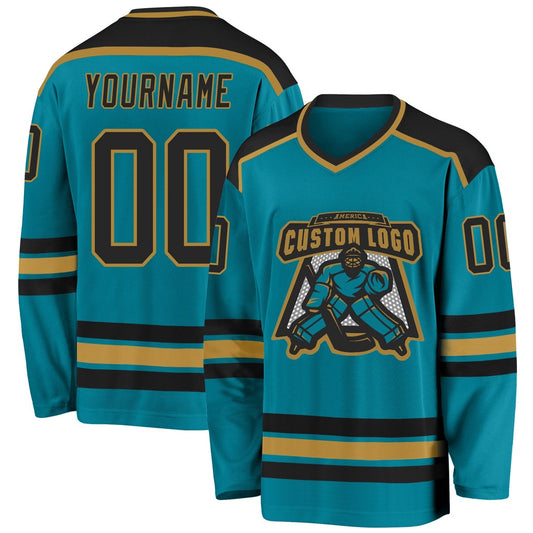 Usa Hockey Jersey, Custom Teal Black Old Gold Hockey Jersey, Team Hockey Jerseys