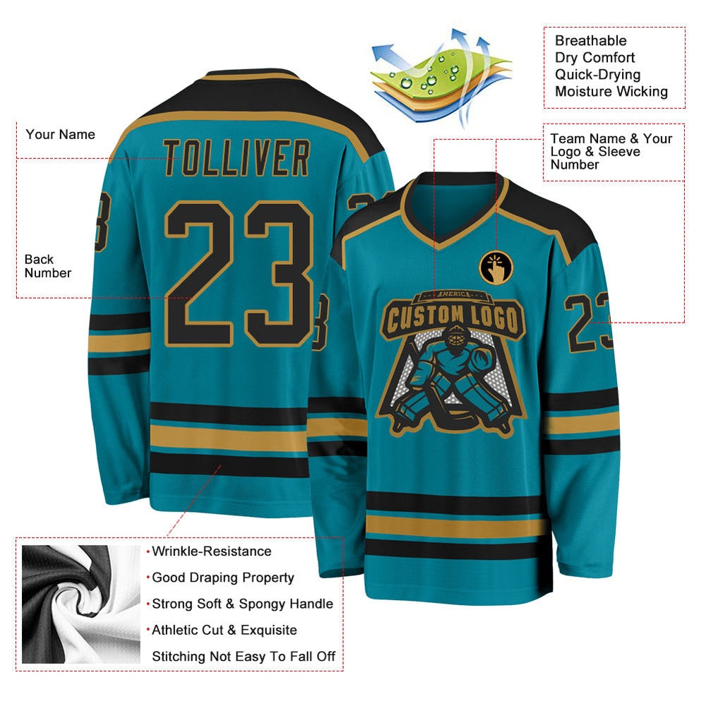 Usa Hockey Jersey, Custom Teal Black Old Gold Hockey Jersey, Team Hockey Jerseys