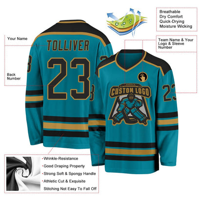Usa Hockey Jersey, Custom Teal Black Old Gold Hockey Jersey, Team Hockey Jerseys