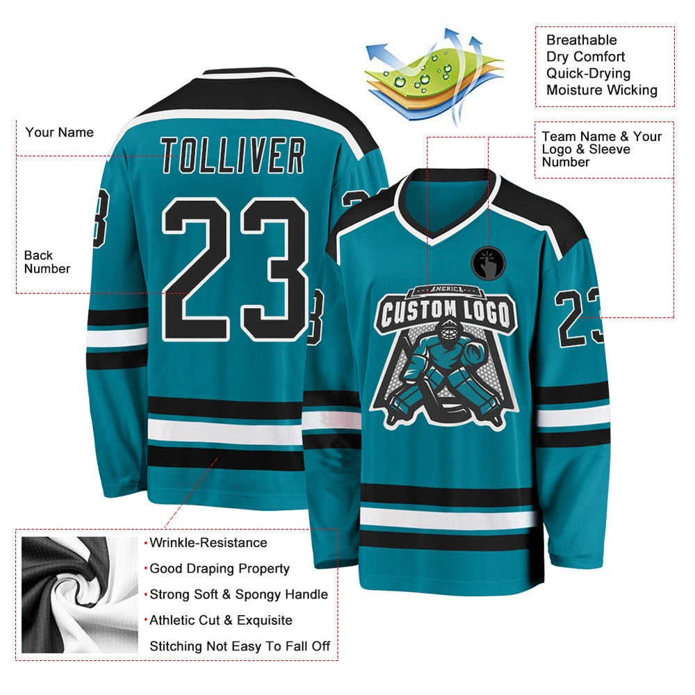 Usa Hockey Jersey, Custom Teal Black White Hockey Jersey, Team Hockey Jerseys