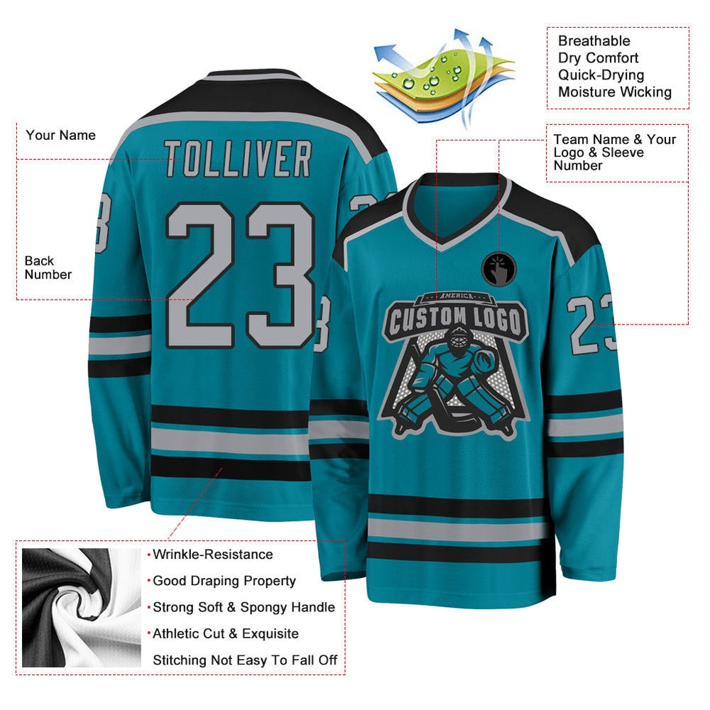 Usa Hockey Jersey, Custom Teal Gray Black Hockey Jersey, Team Hockey Jerseys