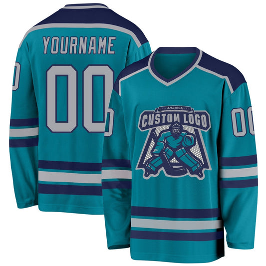 Usa Hockey Jersey, Custom Teal Gray Navy Hockey Jersey, Team Hockey Jerseys