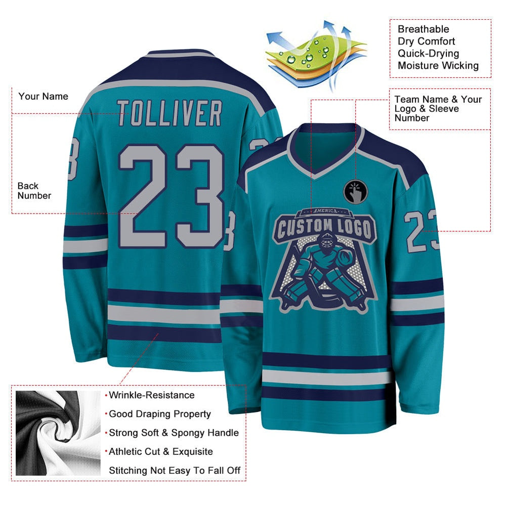 Usa Hockey Jersey, Custom Teal Gray Navy Hockey Jersey, Team Hockey Jerseys