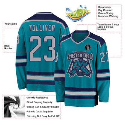 Usa Hockey Jersey, Custom Teal Gray Navy Hockey Jersey, Team Hockey Jerseys