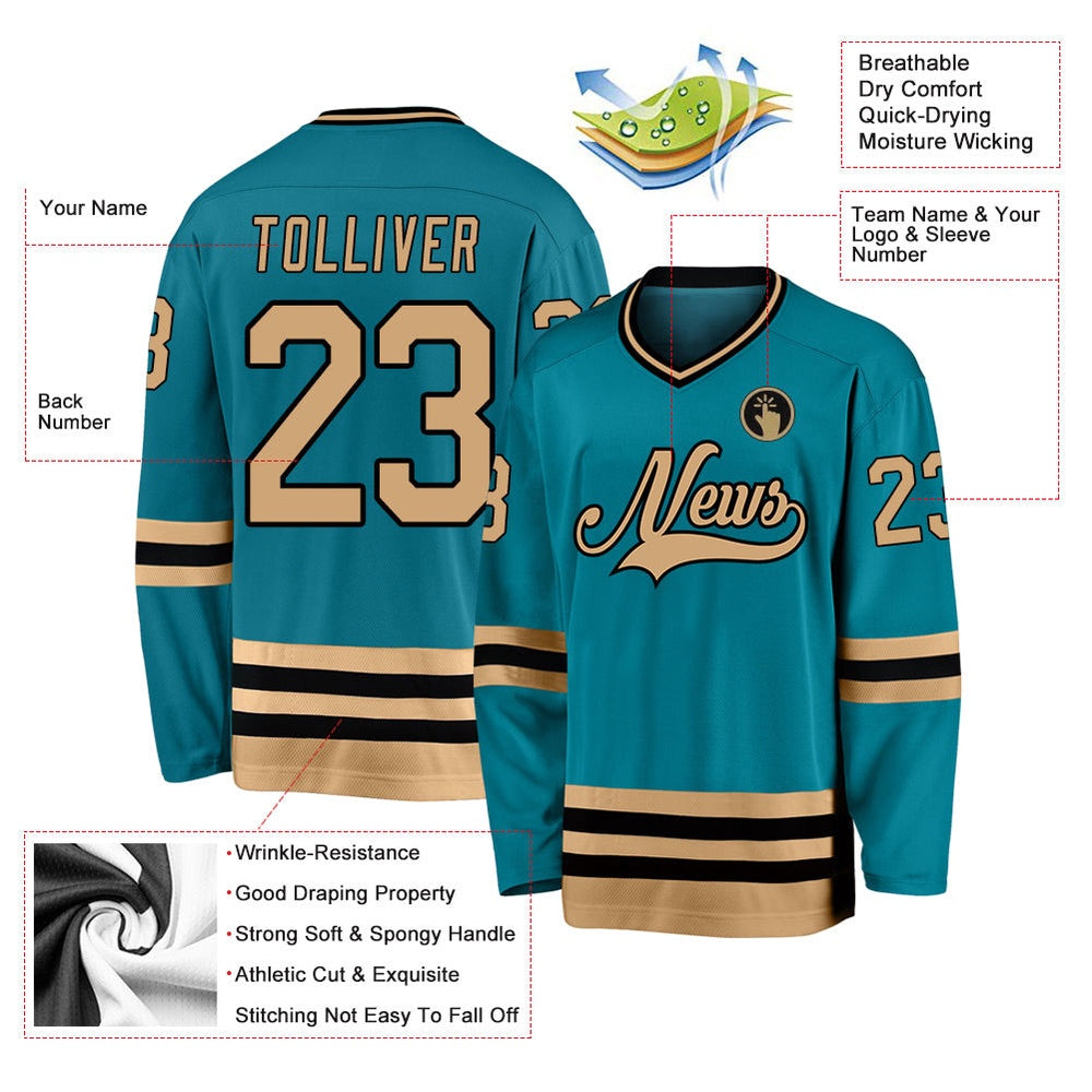 Usa Hockey Jersey, Custom Teal Old Gold Black Hockey Jersey, Team Hockey Jerseys