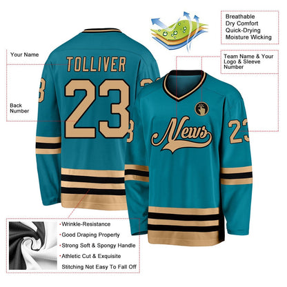 Usa Hockey Jersey, Custom Teal Old Gold Black Hockey Jersey, Team Hockey Jerseys