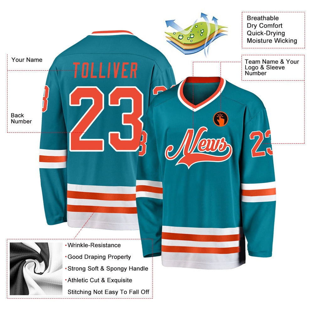 Usa Hockey Jersey, Custom Teal Orange White Hockey Jersey, Team Hockey Jerseys