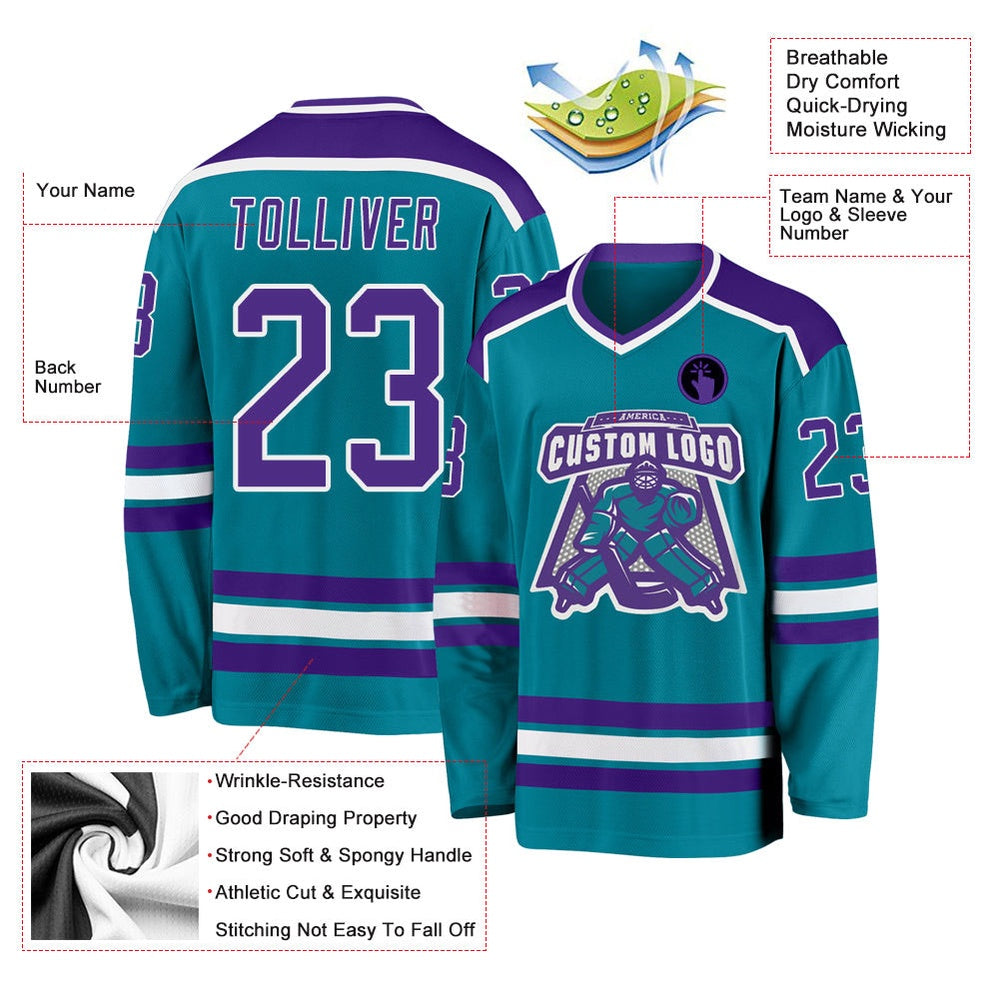 Usa Hockey Jersey, Custom Teal Purple White Hockey Jersey, Team Hockey Jerseys