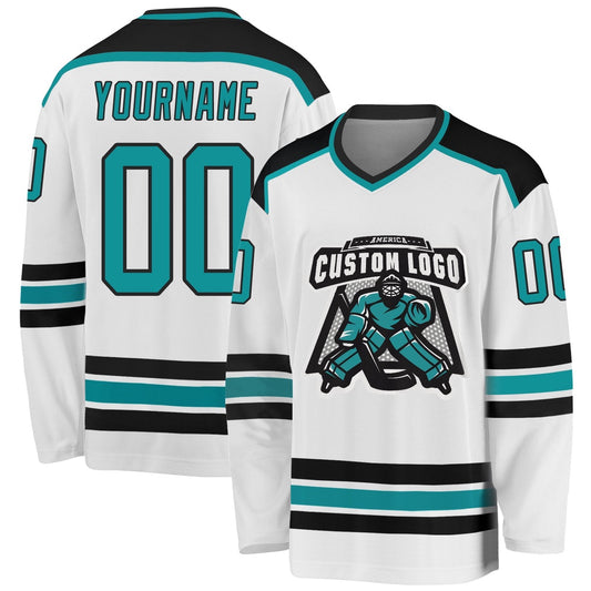Usa Hockey Jersey, Custom White Aqua Black Hockey Jersey, Team Hockey Jerseys