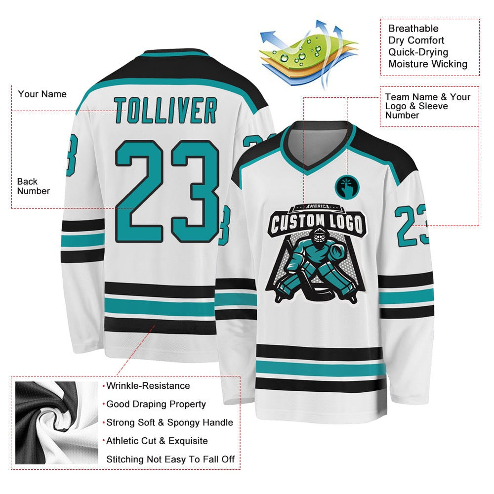 Usa Hockey Jersey, Custom White Aqua Black Hockey Jersey, Team Hockey Jerseys