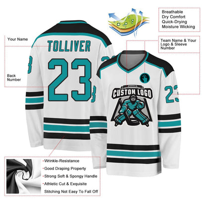 Usa Hockey Jersey, Custom White Aqua Black Hockey Jersey, Team Hockey Jerseys