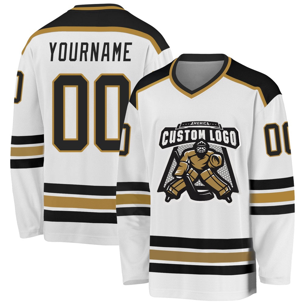 Usa Hockey Jersey, Custom White Black Old Gold Hockey Jersey, Team Hockey Jerseys