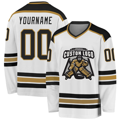 Usa Hockey Jersey, Custom White Black Old Gold Hockey Jersey, Team Hockey Jerseys
