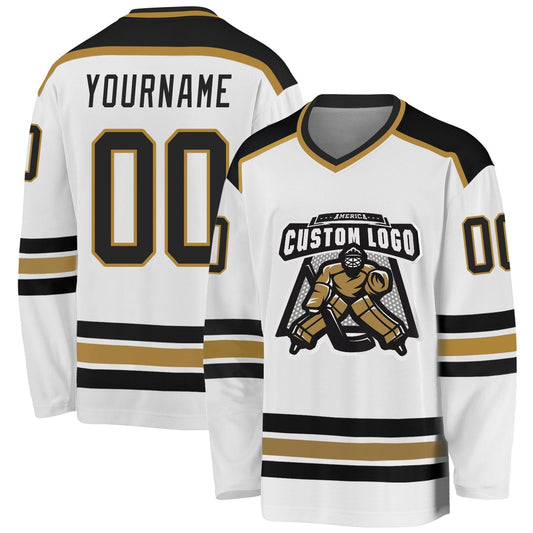 Usa Hockey Jersey, Custom White Black Old Gold Hockey Jersey, Team Hockey Jerseys