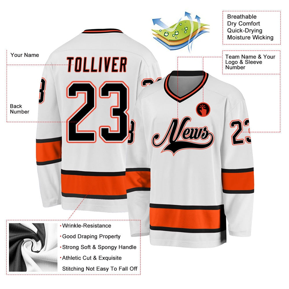 Usa Hockey Jersey, Custom White Black Orange Hockey Jersey, Team Hockey Jerseys