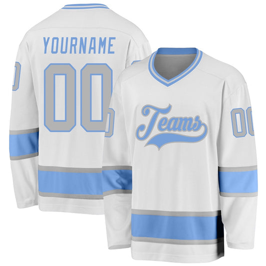 Usa Hockey Jersey, Custom White Gray Light Blue Hockey Jersey, Team Hockey Jerseys