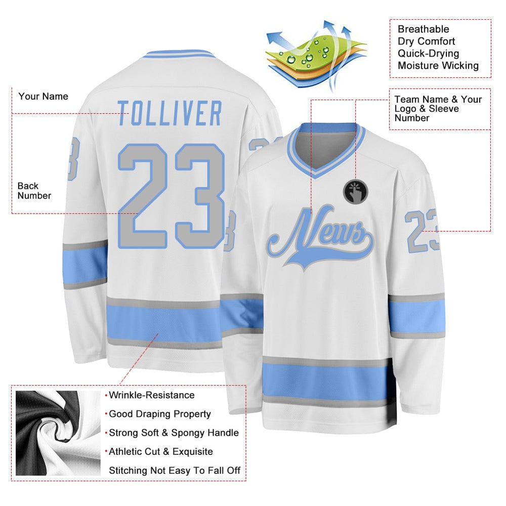 Usa Hockey Jersey, Custom White Gray Light Blue Hockey Jersey, Team Hockey Jerseys