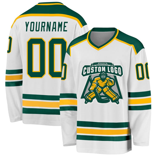 Usa Hockey Jersey, Custom White Green Gold Hockey Jersey, Team Hockey Jerseys