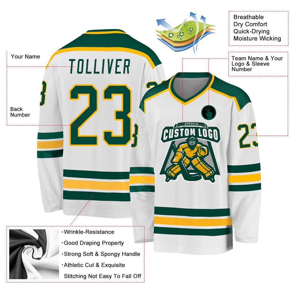 Usa Hockey Jersey, Custom White Green Gold Hockey Jersey, Team Hockey Jerseys