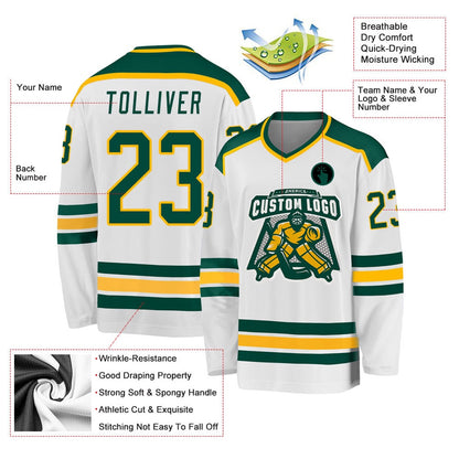 Usa Hockey Jersey, Custom White Green Gold Hockey Jersey, Team Hockey Jerseys