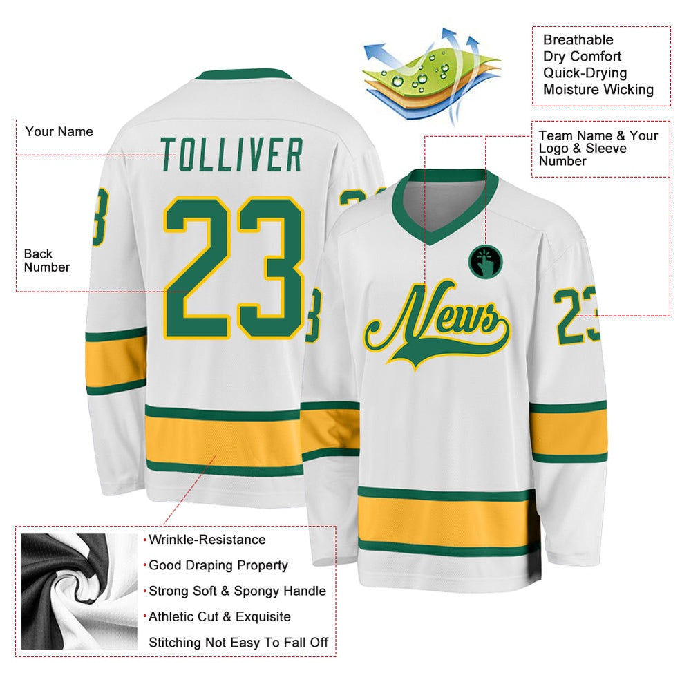 Usa Hockey Jersey, Custom White Kelly Green Gold Hockey Jersey, Team Hockey Jerseys