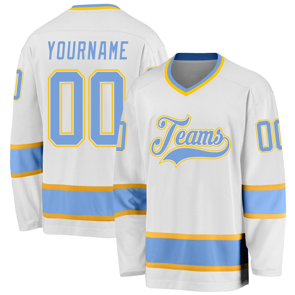 Usa Hockey Jersey, Custom White Light Blue Gold Hockey Jersey, Team Hockey Jerseys