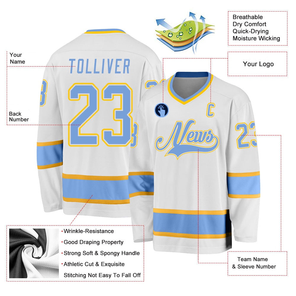 Usa Hockey Jersey, Custom White Light Blue Gold Hockey Jersey, Team Hockey Jerseys