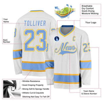 Usa Hockey Jersey, Custom White Light Blue Gold Hockey Jersey, Team Hockey Jerseys