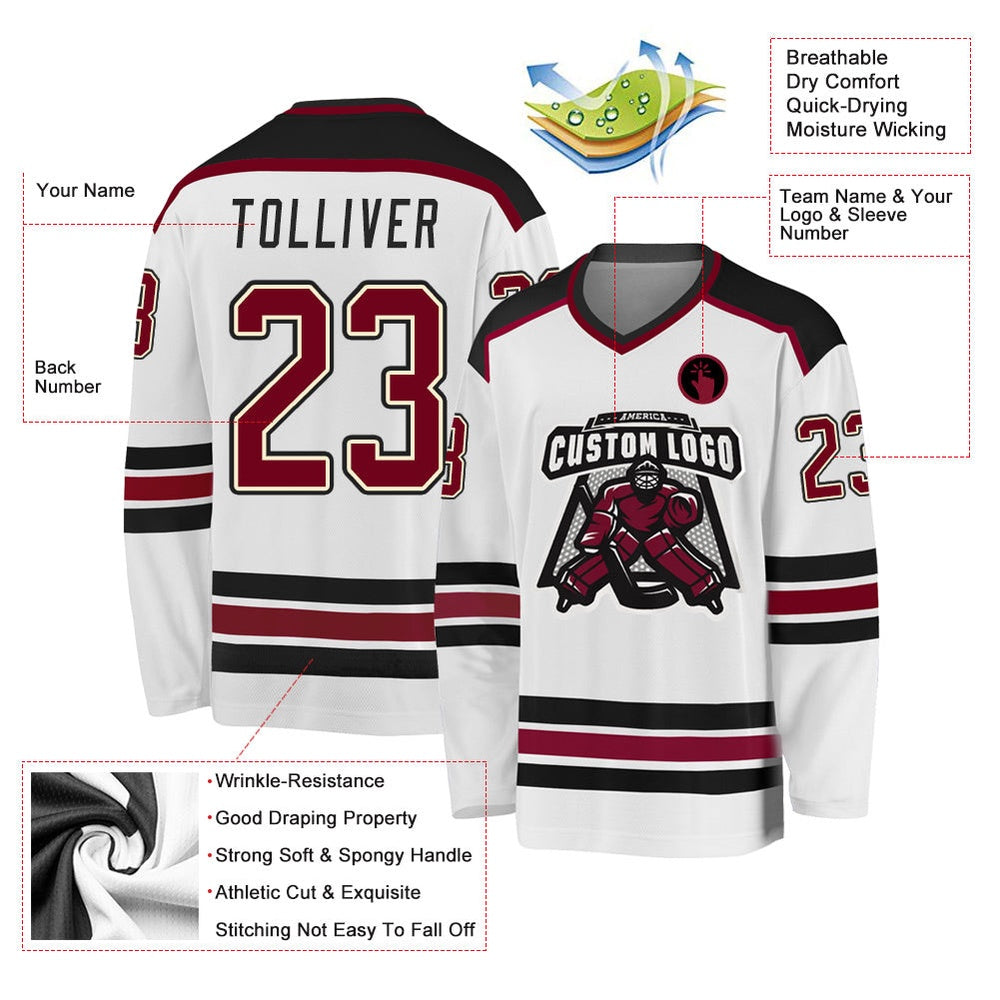 Usa Hockey Jersey, Custom White Maroon Cream Black Hockey Jersey, Team Hockey Jerseys