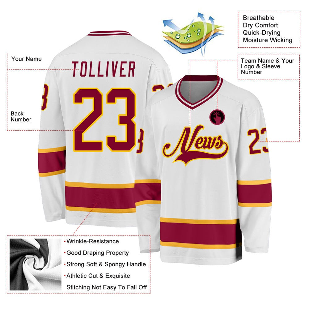 Usa Hockey Jersey, Custom White Maroon Gold Hockey Jersey, Team Hockey Jerseys