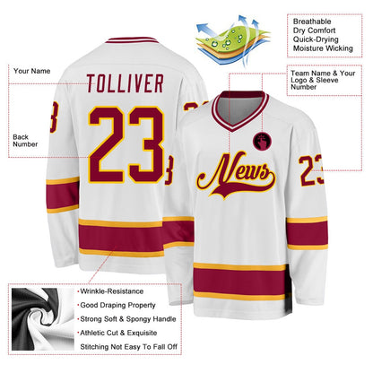 Usa Hockey Jersey, Custom White Maroon Gold Hockey Jersey, Team Hockey Jerseys