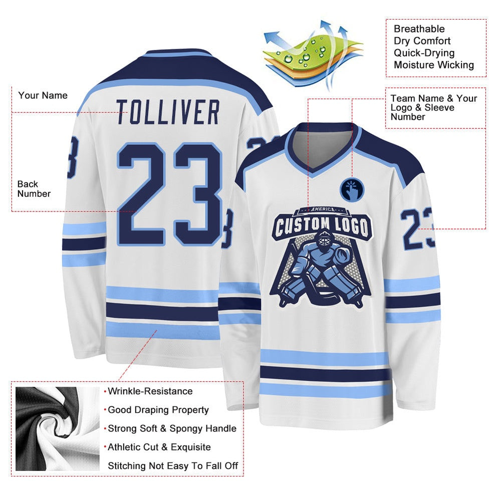Usa Hockey Jersey, Custom White Navy Light Blue Hockey Jersey, Team Hockey Jerseys