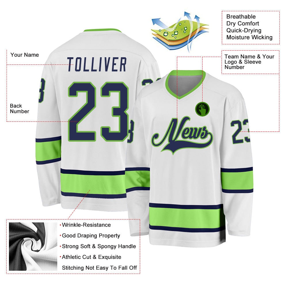 Usa Hockey Jersey, Custom White Navy Neon Green Hockey Jersey, Team Hockey Jerseys