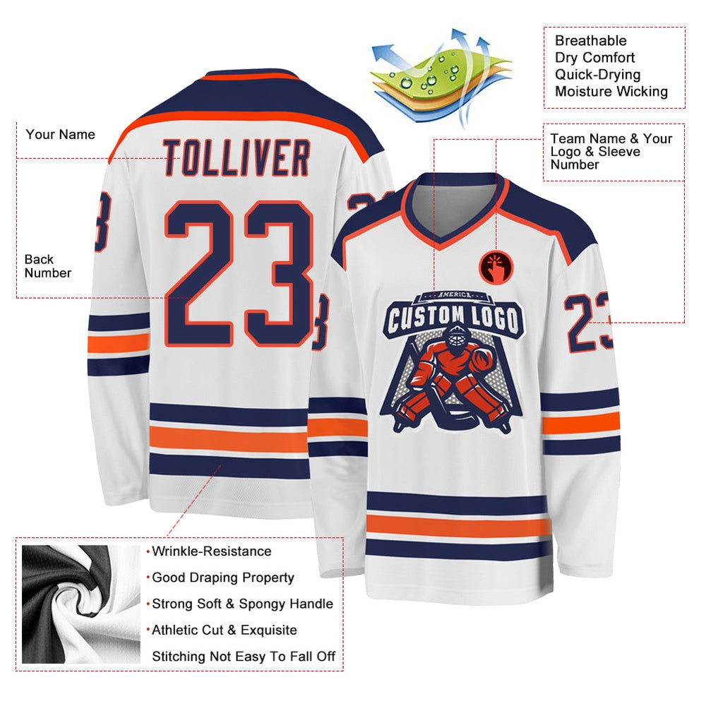 Usa Hockey Jersey, Custom White Navy Orange Hockey Jersey, Team Hockey Jerseys