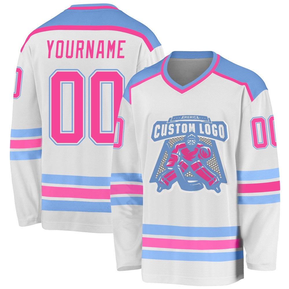 Usa Hockey Jersey, Custom White Pink Light Blue Hockey Jersey, Team Hockey Jerseys
