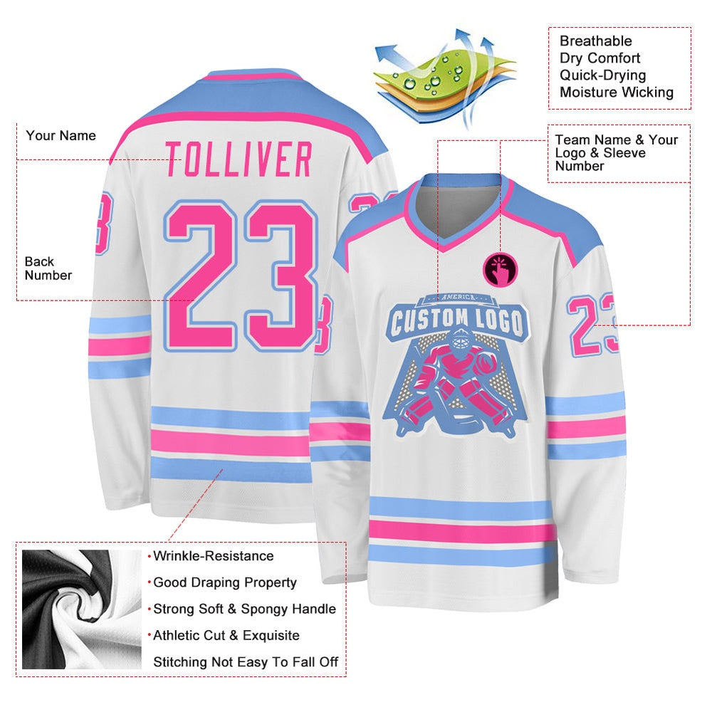 Usa Hockey Jersey, Custom White Pink Light Blue Hockey Jersey, Team Hockey Jerseys