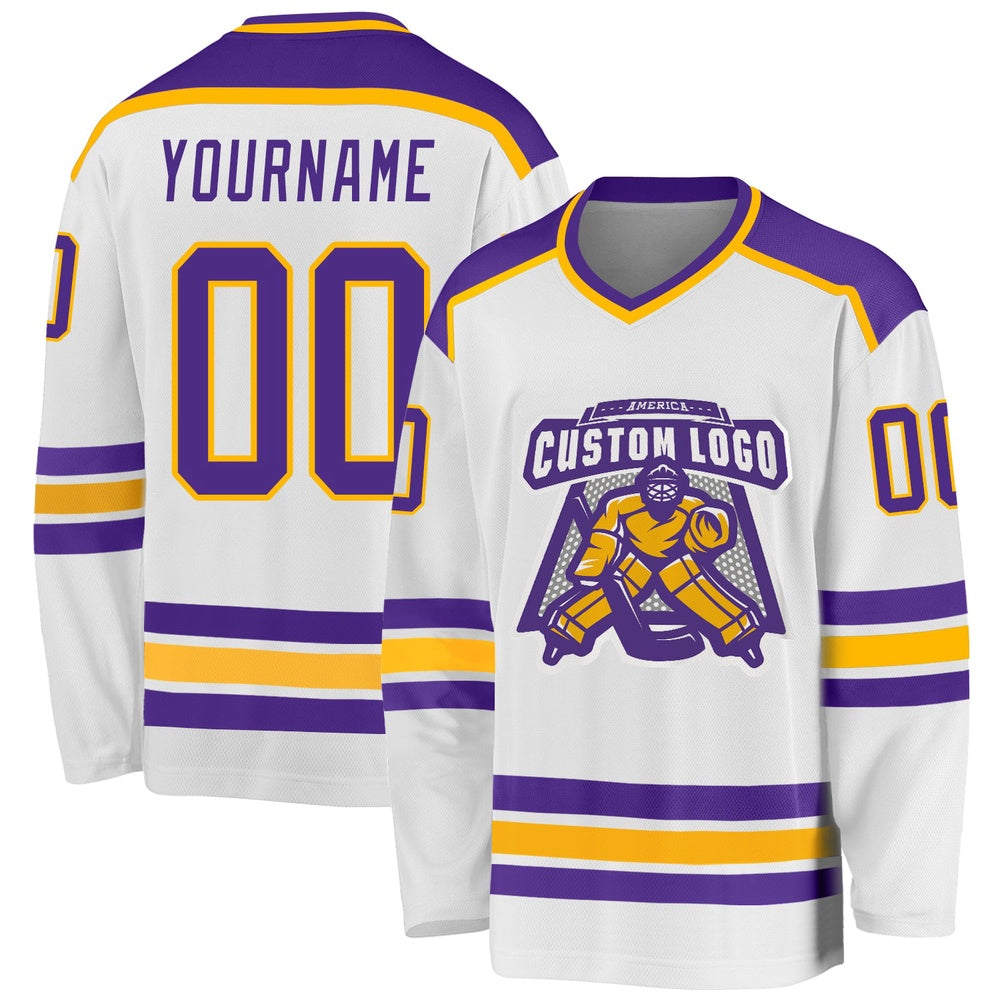 Usa Hockey Jersey, Custom White Purple Gold Hockey Jersey, Team Hockey Jerseys