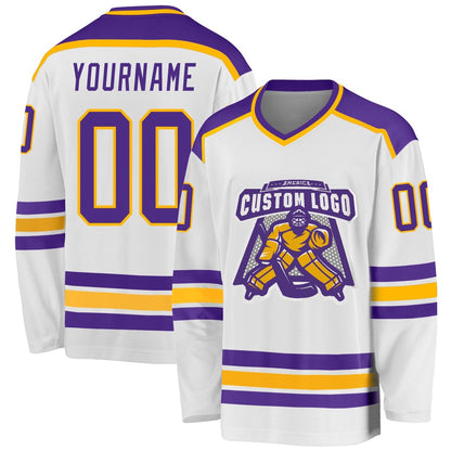 Usa Hockey Jersey, Custom White Purple Gold Hockey Jersey, Team Hockey Jerseys