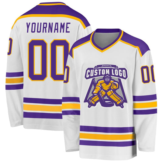 Usa Hockey Jersey, Custom White Purple Gold Hockey Jersey, Team Hockey Jerseys