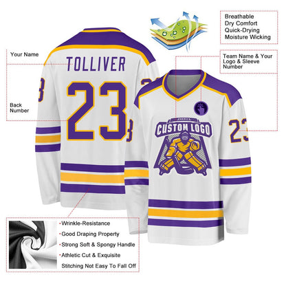 Usa Hockey Jersey, Custom White Purple Gold Hockey Jersey, Team Hockey Jerseys