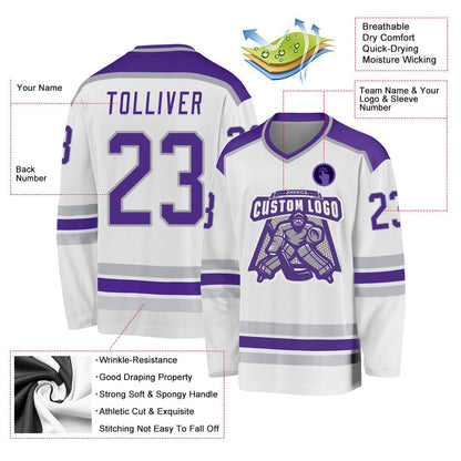 Usa Hockey Jersey, Custom White Purple Gray Hockey Jersey, Team Hockey Jerseys