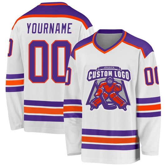 Usa Hockey Jersey, Custom White Purple Orange Hockey Jersey, Team Hockey Jerseys