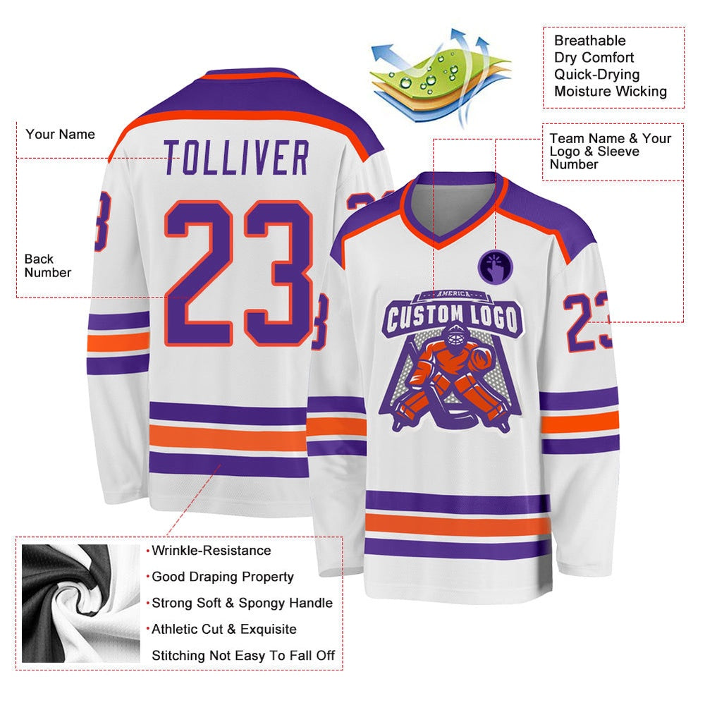 Usa Hockey Jersey, Custom White Purple Orange Hockey Jersey, Team Hockey Jerseys