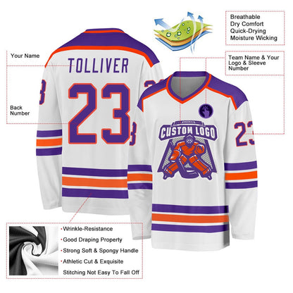 Usa Hockey Jersey, Custom White Purple Orange Hockey Jersey, Team Hockey Jerseys