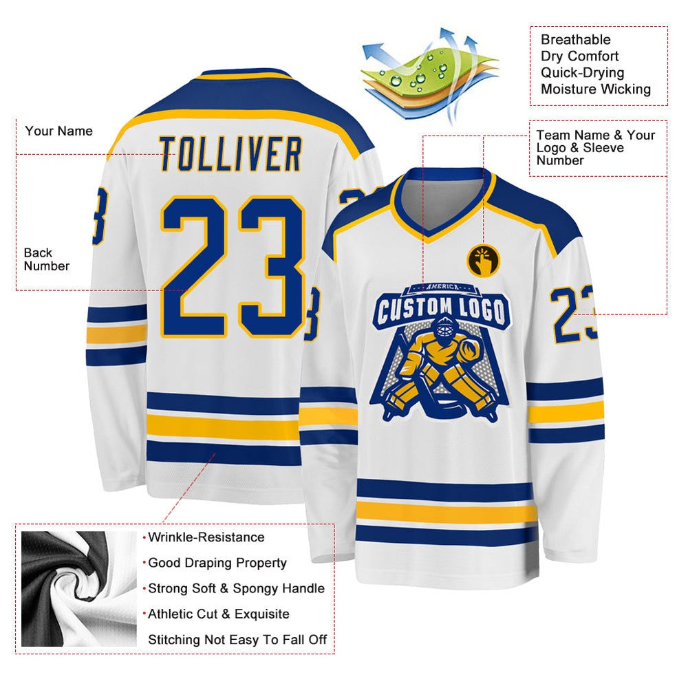 Usa Hockey Jersey, Custom White Royal Gold 3 Hockey Jersey, Team Hockey Jerseys