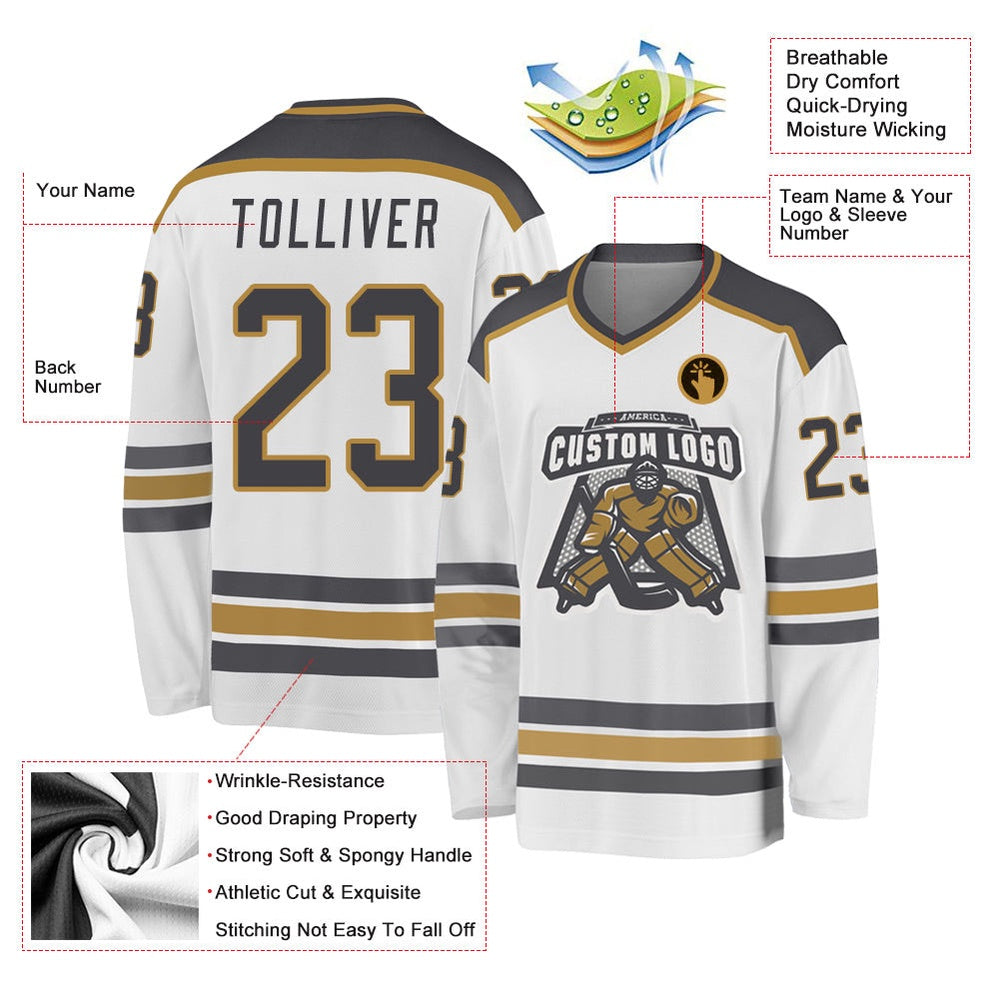 Usa Hockey Jersey, Custom White Steel Gray Old Gold Hockey Jersey, Team Hockey Jerseys