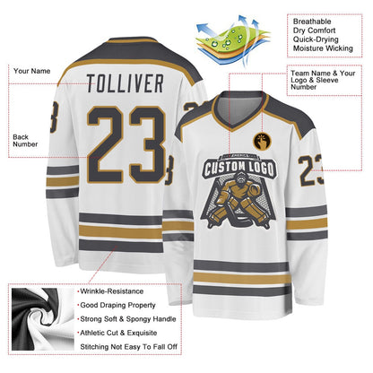 Usa Hockey Jersey, Custom White Steel Gray Old Gold Hockey Jersey, Team Hockey Jerseys