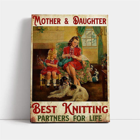 Vintage Mother And Daughter Best Knitting Partners Canvas, Mother's Day Canvas Art, Gift For Mom, Birthday Gift, Mother's Day Wall Art